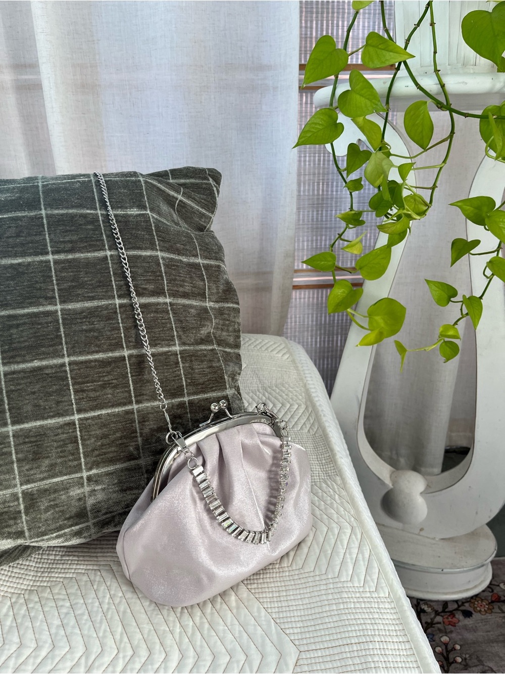 Elegant Shimmer Pink gray Women's Evening Bag with Silver Chain